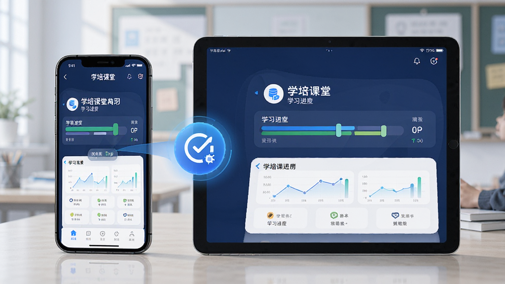 一张展示学培课堂学习进度同步功能的示意图,画面主体是一部手机和一台平板电脑并排摆放,屏幕上分别显示着学培课堂App的学习进度界面,两个设备之间有一个同步的图标连接。风格现代科技感,细节清晰,画质干净,无多余元素。