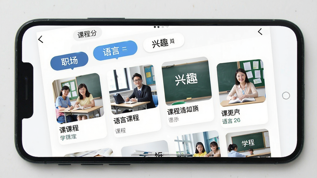 一张展示学培课堂课程分类页面的手机截图,画面主体是手机屏幕,屏幕上展示着学培课堂App的课程分类界面,有清晰的分类标签如职场、语言、兴趣等,每个分类下有对应的课程封面和标题。布局整齐,风格清新,细节清晰,画质干净,无多余元素。