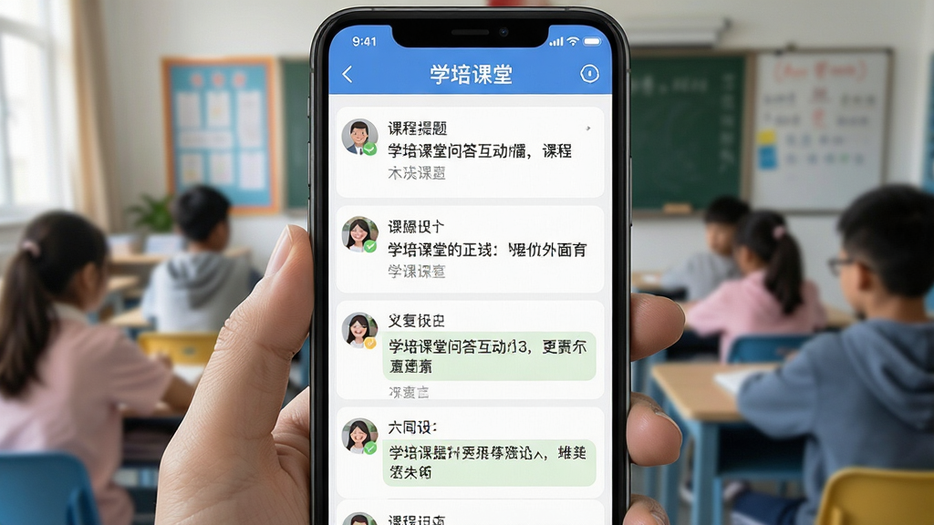 一张展示学培课堂问答互动区的手机截图,画面主体是手机屏幕,屏幕上显示着学培课堂App的课程问答界面,有用户提问和回复的内容列表,界面风格友好,细节清晰,画质干净,无多余元素。