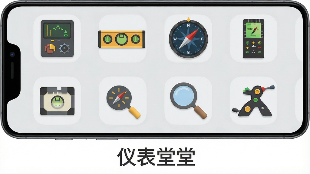 ��ͼ��ʾ�ʣ�һ��չʾ���Ǳ����á�App�๦�ܹ���������չʾͼ��������һ����׿�ֻ�����Ļ��������������ʽ�����ŷֱ��ǡ�ˮƽ�ǡ�ָ���롢����ǡ��Ŵ󾵡�����̽�����ȶ������ͼ�꣬ͼ����Ʊ�ƽ���Ҵ���΢����У�����Ϊǳ��ɫ���ֻ��·��С��Ǳ����á����ֱ�ʶ������ִ���࣬�����������޶���Ԫ��