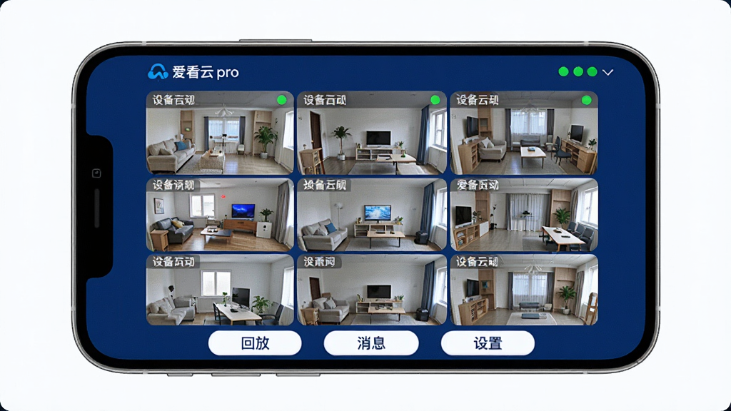 ������pro����������ȫò����������չʾ�ֻ���Ļ����Ļ���ǰ�����pro�ļ�ػ���Ź��񲼾֣�ÿ��������ʾ��ͬ������ʵʱ��Ƶ�����������豸���ƺ�����״ָ̬ʾ�ƣ��ײ��лطš���Ϣ�������������ܰ�ť�����岼�ּ��������������ɫ�Ͱ�ɫΪ��ɫ��������ִ��Ƽ��У�ϸ��Բ�󣬻��ʸɾ����壬�޶���Ԫ��