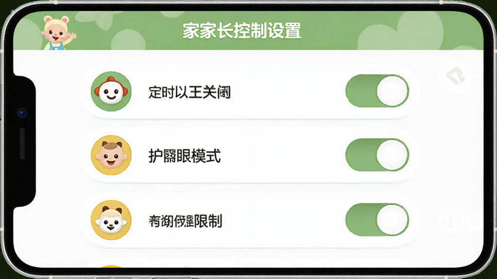 ������ʿ����App�ļҳ��������ý��棬����չʾ�Ŷ�ʱ�رա�����ģʽ���������Ƶ�ѡ��أ�������Ƽ�࣬����͵���ɫ�Ͱ�ɫΪ����ͼ��ֱ���׶������������޶���Ԫ��