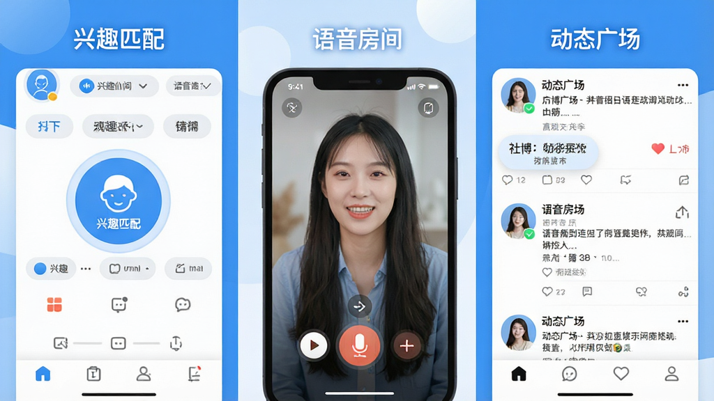 һ���粩App����չʾͼ�������Ϊ���������������Ȥ��ǩѡ����棬�м��������������󳡾����ұ��Ƕ�̬�㳡��Ϣ�������ͳһΪ���µ�����ɫ�������ֱ�ע����Ȥƥ�䡱���������䡱����̬�㳡�������ʸɾ��޶���Ԫ��