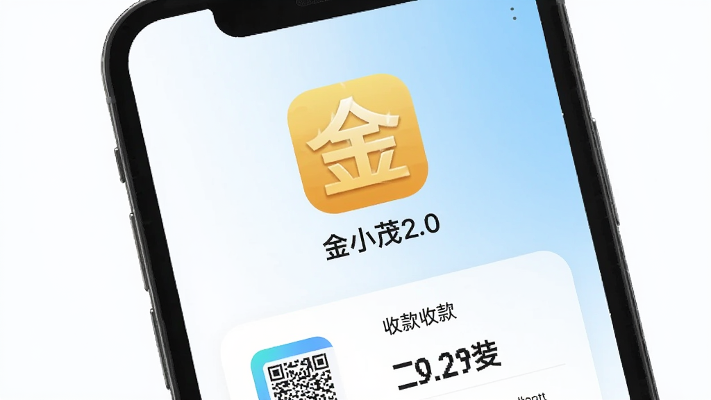 一张手机屏幕展示“金小茂2.0”应用主界面的图片,画面中央是应用图标和名称“金小茂2.0”,背景是简洁的白色和浅蓝色渐变,界面显示收款码和今日收入数字,风格现代扁平,细节圆润,画质干净清晰,无多余元素