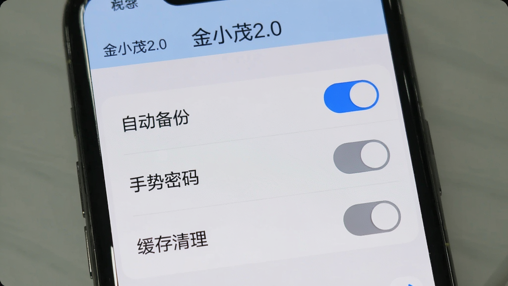 一张展示“金小茂2.0”设置界面的图片,画面主体是手机屏幕,屏幕上显示“自动备份”“手势密码”“缓存清理”等选项开关,开关为蓝色和灰色,布局清晰,风格简洁,画质干净,无多余元素