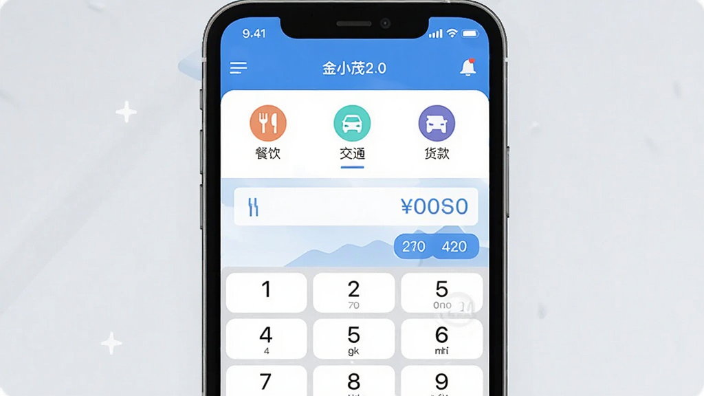 一张展示“金小茂2.0”记账界面的图片,画面主体是手机屏幕,屏幕上显示数字键盘和金额输入框,上方有“餐饮”“交通”“货款”等分类图标,布局简洁,蓝白配色,风格现代扁平,画质干净,无多余元素