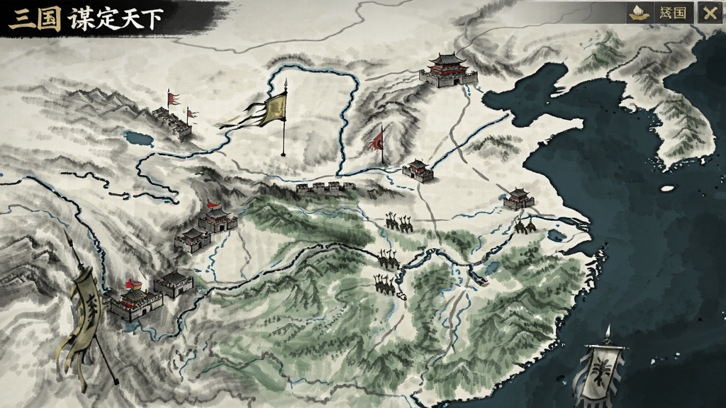 三国:谋定天下 游戏主界面 展示三国地图沙盘 城池 军队 武将 水墨风格 布局清晰 画质细腻 干净无多余元素