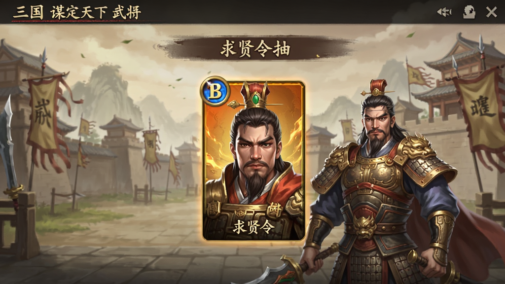 三国:谋定天下 武将招募界面 展示求贤令抽取 橙将卡牌 武将立绘精美 背景为三国古风 布局居中 画质干净