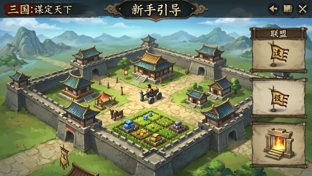 三国:谋定天下 新手引导界面 展示主城建筑升级 资源田 联盟入口 古风UI 布局清晰 画质干净