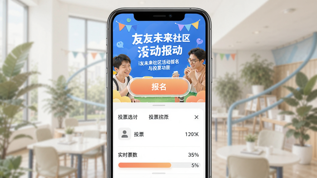 i��δ�������������ͶƱ���ܽ��棬�ֻ���Ļ�ϰ벿����ʾ������ͱ�����ť���°벿����ʾͶƱѡ���ʵʱƱ�������������岼����������ť��Ŀ����ɫ���õ������ۣ����ʸɾ�����