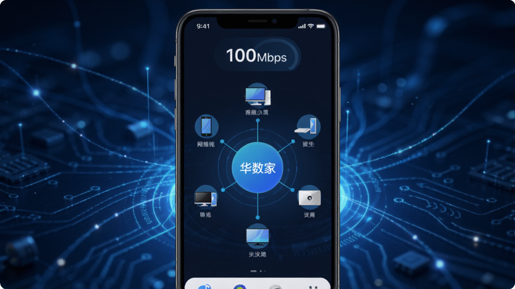 һ��AI���ɵ�ͼƬ��չʾ������i�ҡ�App������������棬�ֻ���Ļ������һ��Բ�ε���������ͼ����Χ�������ֻ������ԡ����ӵ��豸ͼ�꣬��Ļ�Ϸ���ʾ��ǰ���١�100Mbps��������������ɫ�ĿƼ��й��ߣ�������Ƽ���ʮ�㣬ϸ�����������ʸɾ����޶���Ԫ�ء�
