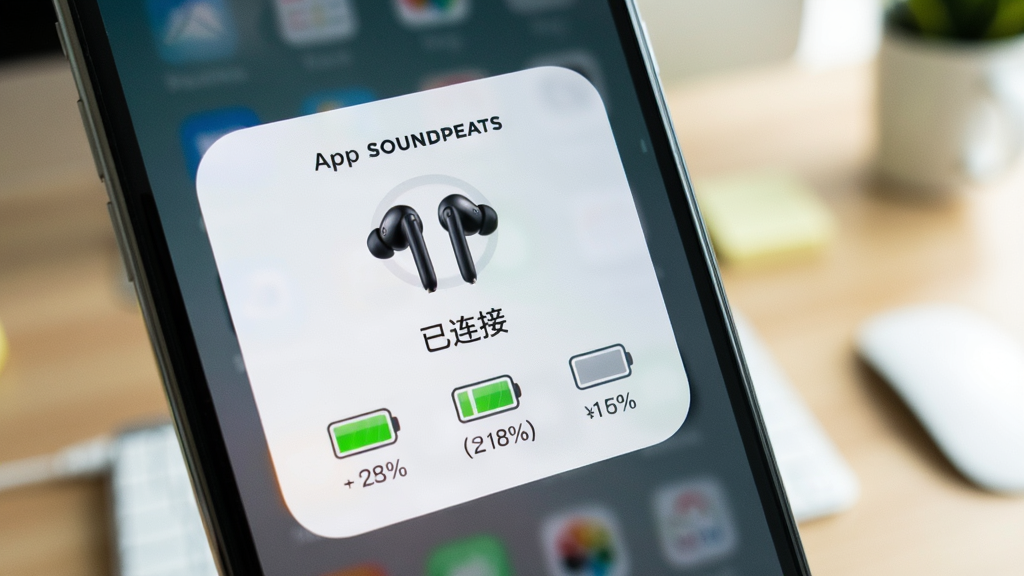 һ��SOUNDPEATS App���ӵ����͵�����ʾ��дͼ���ֻ���Ļ��ʾһ��Բ��Ŀ�Ƭʽ������������SOUNDPEATS����ͼƬ�͡������ӡ��������·����������ͼ��ֱ��ע������Ҷ������ֵĵ����ٷֱȣ�������ģ�������滷������������죬�����������ɾ����޶���Ԫ�ء�