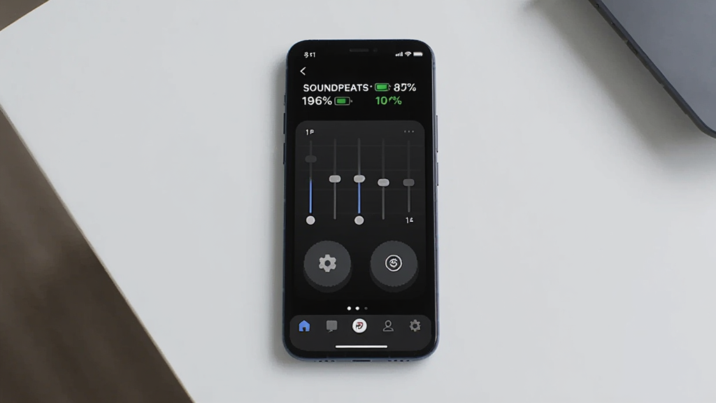 һ��չʾSOUNDPEATS�ֻ�App�������ͼƬ������������һ���ִ������ֻ�����Ļ��ʾSOUNDPEATS App����ɫģʽ���棬���涥����ʾ�����ӵĶ����ͺź����Ҷ������ٷֱȣ��м��о��������ڻ���Ͱ�������ͼ�꣬�ײ�����������������Ϊ�ɾ���ǳ��ɫ���棬����ִ��Ƽ��У������������ɾ����޶���Ԫ�ء�
