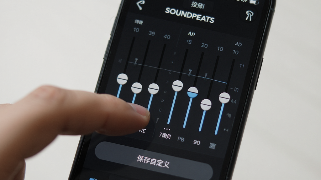 һ��SOUNDPEATS App���������ڽ���ͼ���ֻ���Ļ��ʾһ��10��ͼ�ξ�����������ߵʹ��䣬�·��С������Զ��塱��ť����Ļ�Ϸ���ʾ��ǰ���ӵĶ������ƣ���������ɫUI����Ļ����һֻ�����ڻ������飬�����ʵ�����У������������ɾ����޶���Ԫ�ء�