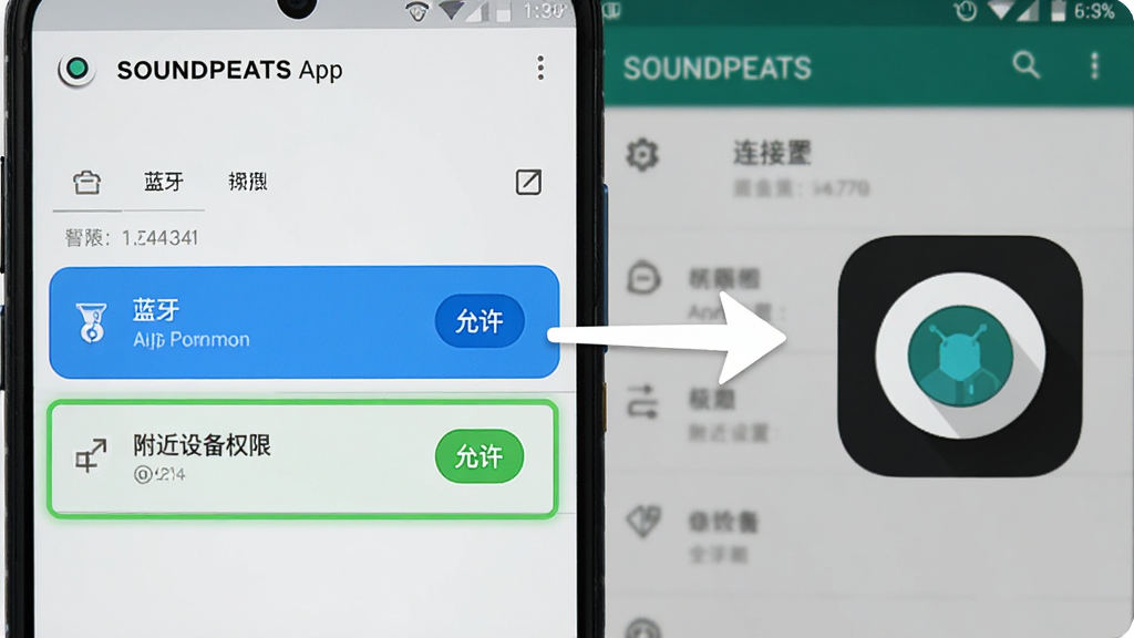 һ��SOUNDPEATS AppȨ�����ú�����ָ��ͼ���ֻ���Ļ��ʾӦ��Ȩ�޹���ҳ�棬�����͸����豸Ȩ�ޱ�������עΪ�����������Ա��м�ͷָ��SOUNDPEATS Appͼ�꣬�����ǰ�׿ϵͳ���ý��棬���̳�ָ���У������������ɾ����޶���Ԫ�ء�