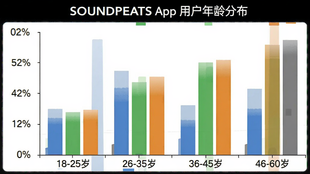 һ��SOUNDPEATS App�û�����ֲ���״ͼ������Ϊ��18-25�ꡱ����26-35�ꡱ����36-45�ꡱ����46-60�ꡱ������Ϊ�û�ռ�Ȱٷֱȣ���״ͼ��ɫ�ֱ�Ϊ��ɫ����ɫ����ɫ����ɫ��ͼ���Ϸ��б��⡰SOUNDPEATS App�û�����ֲ���������Ϊ��ɫ��������ݿ��ӻ��������������ɾ����޶���Ԫ�ء�