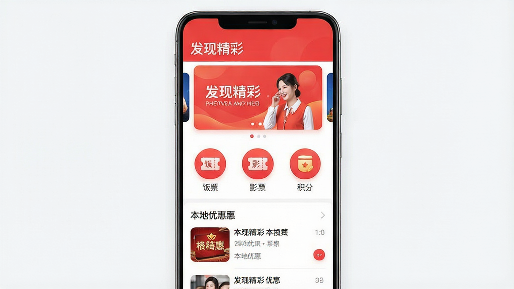 一张展示“发现精彩”App核心界面的手机样机图,主体为一部竖屏安卓手机,屏幕中央显示“发现精彩”App的首页,布局上方是轮播Banner,中部是“饭票”“影票”“积分”等圆形功能图标,下方是本地优惠列表,排版清晰,风格现代简约,细节上图标圆润、色彩以红白为主,画质干净,无多余元素,无杂乱文字
