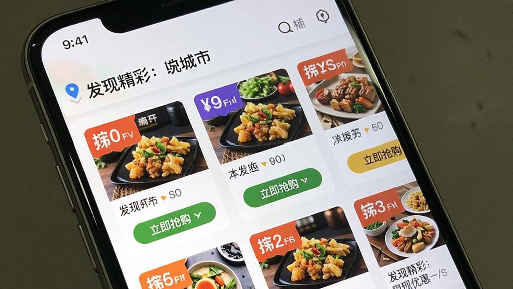 一张展示“发现精彩”App本地优惠页面的手机截图,主体为手机屏幕,布局上方是定位城市名称,中部是商户列表,每个商户卡片带有折扣标签和“立即抢购”按钮,排版整齐,风格生活化,细节上优惠标签色彩醒目,画质清晰,无多余元素