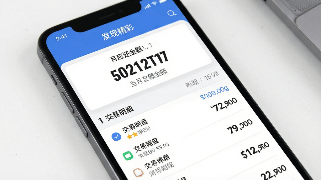 一张展示“发现精彩”App账单管理界面的手机样机图,主体为手机屏幕,布局上方显示当月应还金额,中部是交易明细列表,排版简洁,风格商务,细节上数字加粗显示,画质干净,无多余元素