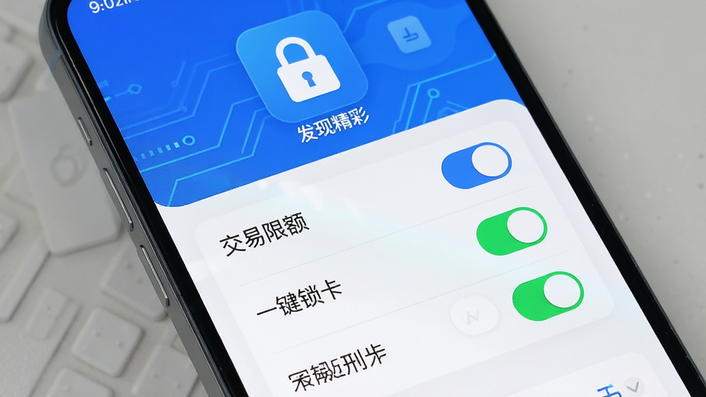 一张展示“发现精彩”App安全中心设置界面的手机截图,主体为手机屏幕,布局上方是安全锁图标,中部是交易限额、一键锁卡等开关选项,排版清晰,风格科技感,细节上开关按钮色彩分明,画质干净,无多余元素