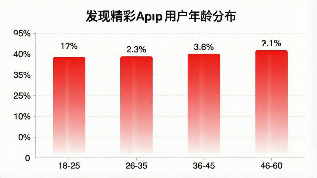 一张展示“发现精彩”App用户年龄分布的柱状图,主体为图表,布局横轴为年龄段18-25、26-35、36-45、46-60,纵轴为用户占比百分比,柱状图颜色以红白渐变为主,排版清晰,风格数据可视化,细节上每个柱子顶部标注百分比数字,画质干净,无多余元素