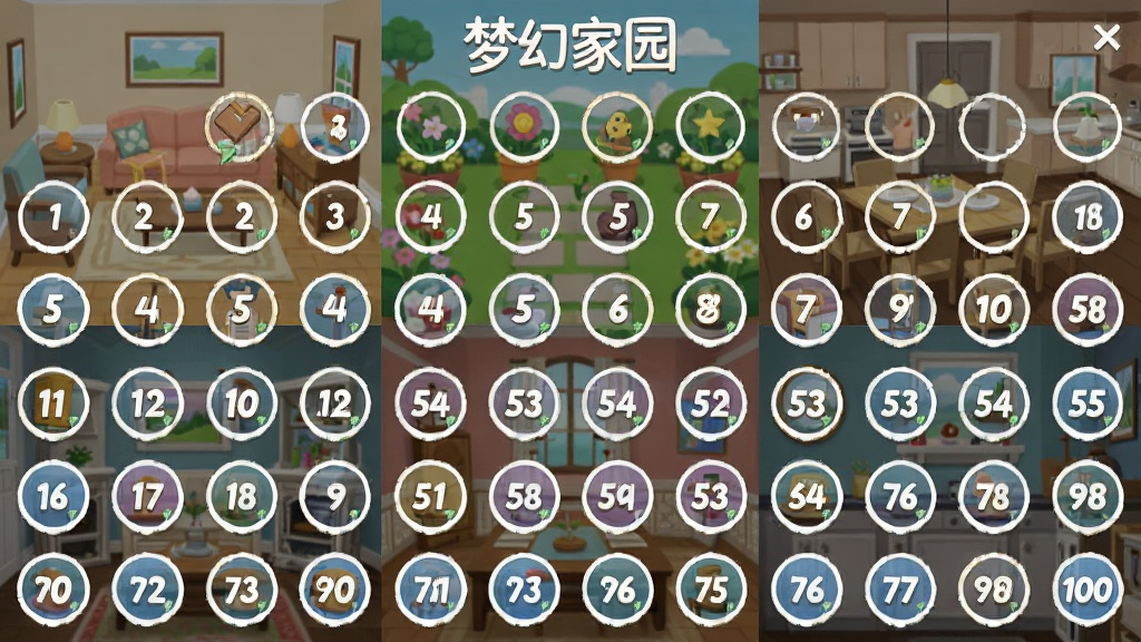 �λü�԰��Ϸ�ؿ�ѡ����棬��Ļ�������Ŷ��Բ�ιؿ�ͼ�꣬��1��100���ϣ������ǲ�ͬ����װ�޳������п�������԰������������