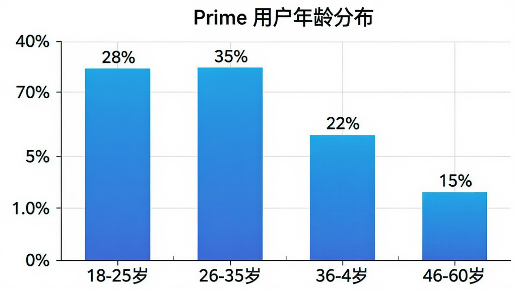 һ�� Prime �û�����ֲ�����״ͼ��ͼ������Ϊ����Σ�18-25�ꡢ26-35�ꡢ36-45�ꡢ46-60�꣬����Ϊ�û�ռ�Ȱٷֱȡ���״��ɫΪ��ɫ���䣬ÿ�������Ϸ���ע����ٷֱ���ֵ��18-25��ռ28%��26-35��ռ35%��36-45��ռ22%��46-60��ռ15%��ͼ������Ϊ��Prime �û�����ֲ�����������ɫ��������ǳ�ң����ʸɾ����޶���Ԫ�ء�