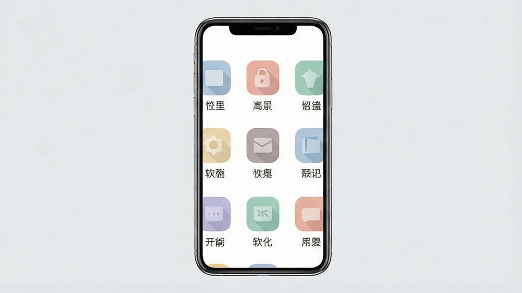 一张展示Elavatine软件功能布局的图片,主体是手机屏幕显示软件功能网格界面,布局为三列图标排列,每个图标下方有中文标签,排版整齐,风格扁平化设计,细节上图标颜色柔和统一,画质高清干净,无多余元素,背景浅灰色。