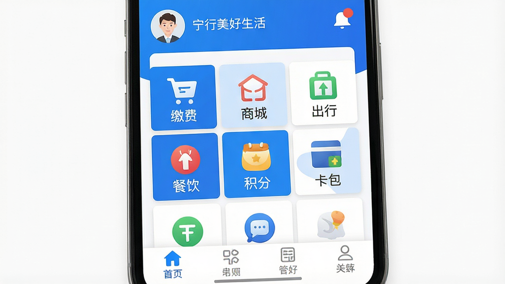 一张手机界面展示图,画面中是宁行美好生活App的首页截图,顶部显示用户头像和消息通知图标,中间区域是九宫格排列的功能入口,包括缴费、商城、出行、餐饮、积分、卡包等图标,底部导航栏高亮显示首页标签,整体采用蓝白配色,字体清晰,布局规整,画面干净无多余元素