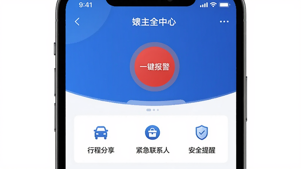 �ֻ���Ļչʾ��������App�İ�ȫ����ҳ�棬ҳ��������Ŀ�ĺ�ɫһ��������ť���·������г̷�����������ϵ�ˡ���ȫ���ѵȹ�����ڣ����������أ���ɫ������Ϊ�����Ժ�ɫ��ʾԪ�أ����������ɾ���