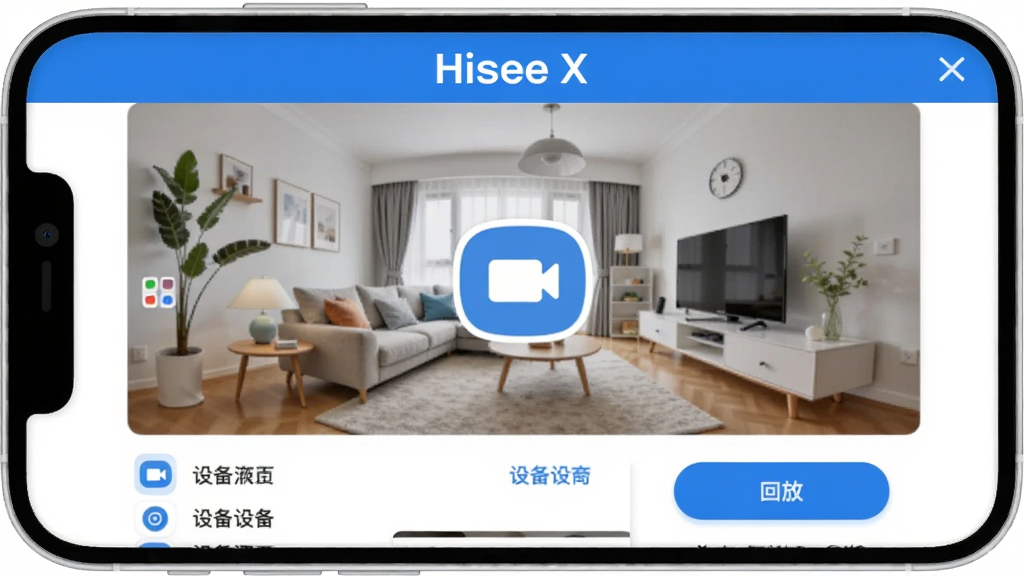 Hisee X����������ȫòչʾ���ֻ���Ļ������ʾʵʱ��ػ��棬�������п�������������ͷͼ�꣬��Ļ�Ϸ���Hisee X�������·����豸�б��ͻطŰ�ť�����岼��������࣬������ɫ����ƽ����Ʒ��ϸ��Բ�󣬻��ʸɾ��������޶���Ԫ��