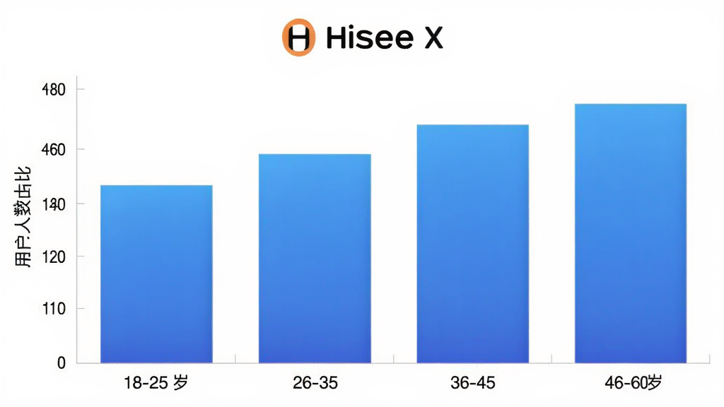 Hisee X�û�����ֲ���״ͼ������Ϊ�����18-25�ꡢ26-35�ꡢ36-45�ꡢ46-60�꣬����Ϊ�û�����ռ�ȣ���״ͼ��ɫΪ��ɫ���䣬ͼ���Ϸ���Hisee X��־��������ɫ��������������ƽ����ƣ�ϸ�ڸɾ��������������޶���Ԫ��