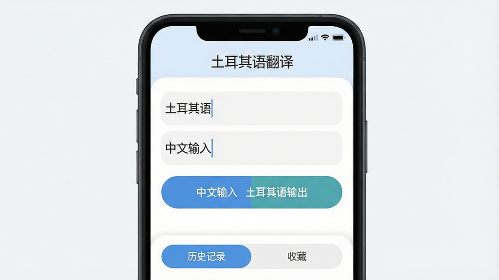 一张展示“土耳其语翻译”手机应用主界面的图片,主体是手机屏幕,布局为顶部显示“土耳其语翻译”应用名称,中间是中文和土耳其语双语输入框与翻译按钮,底部有历史记录和收藏选项卡,排版简洁清晰,风格现代扁平化,细节圆润,画质干净无多余元素,文字内容包含“土耳其语翻译”“中文输入”“土耳其语输出”等字样。