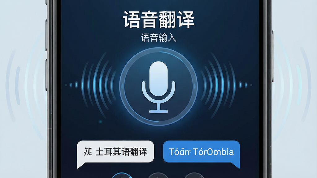 一张展示“土耳其语翻译”语音翻译功能的图片,主体是手机屏幕界面,布局为中央有一个大大的麦克风图标,周围环绕声波纹理,上方显示“语音翻译”字样,下方有中文和土耳其语对话气泡,排版对称,风格科技感与亲和力结合,细节精致,画质干净无多余元素,文字包含“土耳其语翻译”“语音输入”等字样。