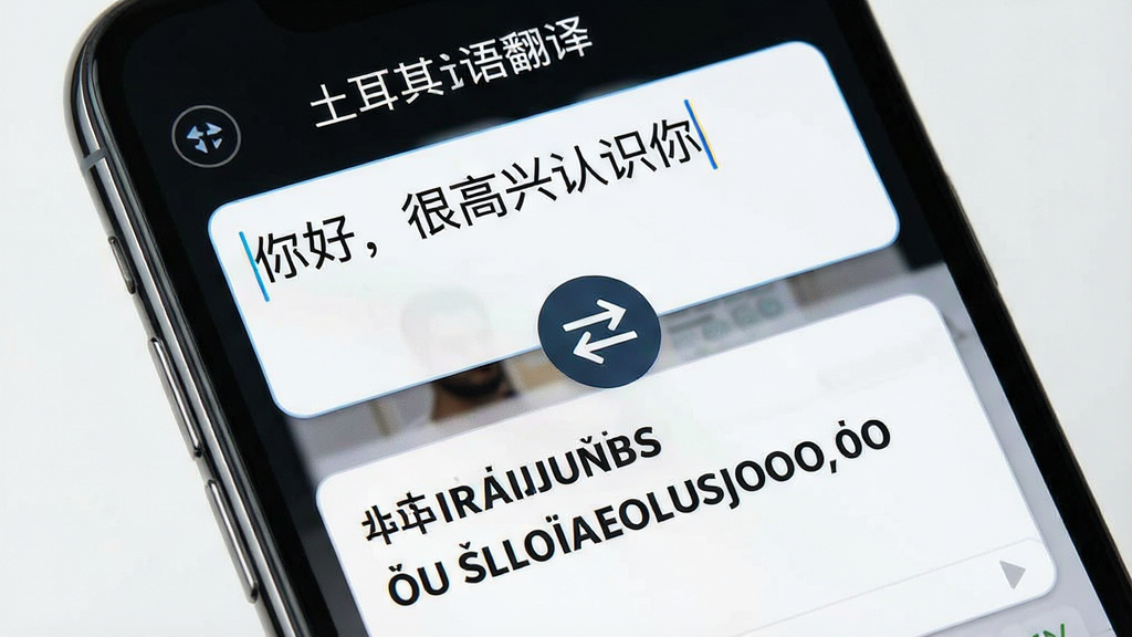一张展示“土耳其语翻译”实时翻译功能的图片,主体是手机屏幕特写,布局为上方中文输入框显示“你好,很高兴认识你”,下方土耳其语输出框显示对应的土耳其语翻译,中间有双向箭头图标,排版直观,风格简约现代,细节清晰,画质干净无多余元素,文字包含“土耳其语翻译”“实时翻译”等字样。