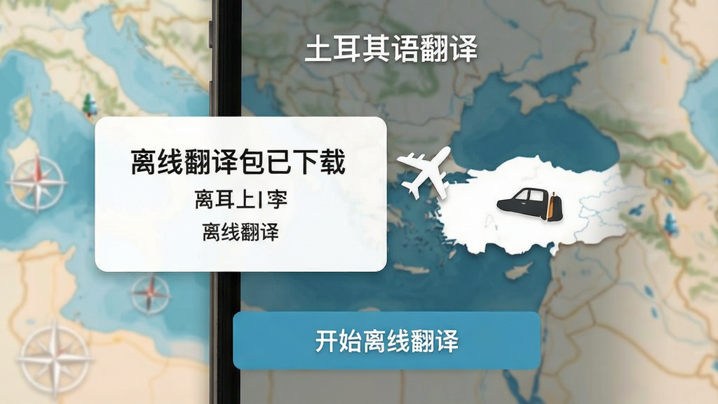 一张展示“土耳其语翻译”离线翻译功能的图片,主体是手机屏幕,布局为显示“离线翻译包已下载”的提示卡片,旁边有飞机图标和土耳其地图轮廓,下方有“开始离线翻译”按钮,排版清晰,风格旅行主题,细节柔和,画质干净无多余元素,文字包含“土耳其语翻译”“离线翻译”等字样。