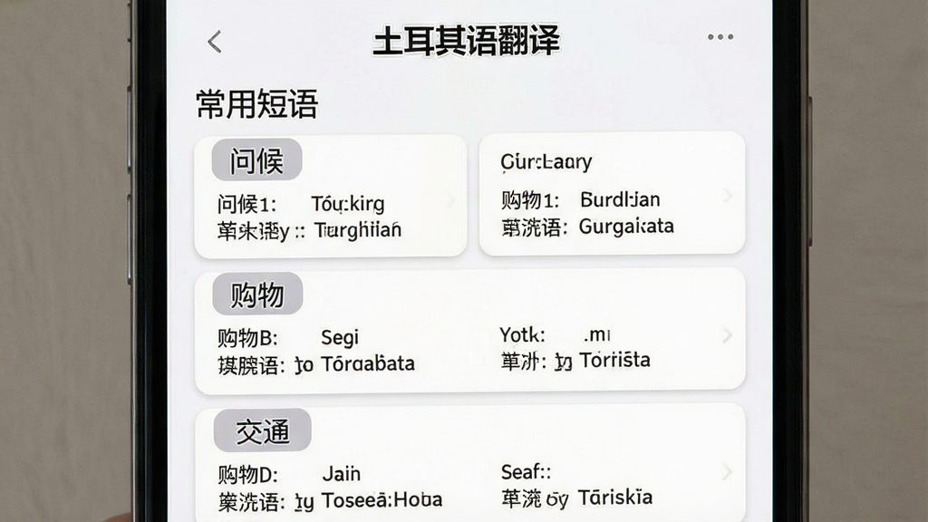一张展示“土耳其语翻译”短语收藏功能的图片,主体是手机屏幕,布局为列表形式展示“常用短语”分类,包括“问候”“购物”“交通”等标签,每个标签下有对应的中文和土耳其语对照,排版整齐,风格卡片式设计,细节清晰,画质干净无多余元素,文字包含“土耳其语翻译”“常用短语”等字样。