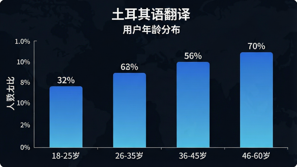 一张展示“土耳其语翻译”用户年龄分布的柱状图,主体是图表,布局为横轴显示年龄段“18-25岁”“26-35岁”“36-45岁”“46-60岁”,纵轴显示人数占比,柱状颜色为蓝色渐变,排版清晰,风格数据可视化,细节标注百分比,画质干净无多余元素,文字包含“土耳其语翻译”“用户年龄分布”等字样。