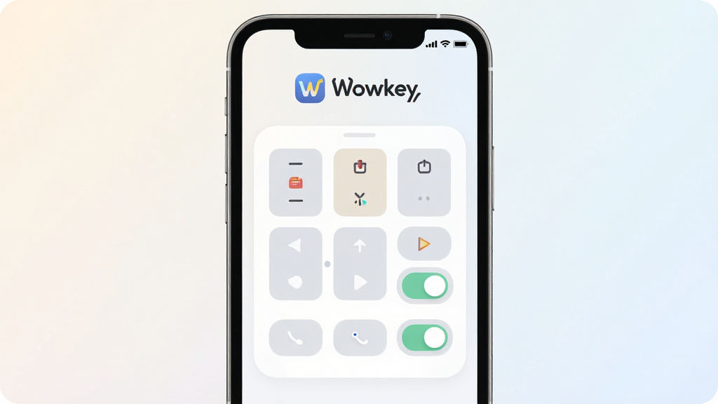 һ��չʾWowkey�����������ȫòͼ�������������ֻ���Ļ����Ļ����ʾWowkey�ļ�������壬������Wowkey��Logo�����ֱ�ʶ������Ϸֲ��Ű���ӳ���ͼ��Ϳ��ذ�ť��������ǳɫ���䣬����ִ���ƽ��ϸ��Բ�����������ʸɾ��޶���Ԫ��