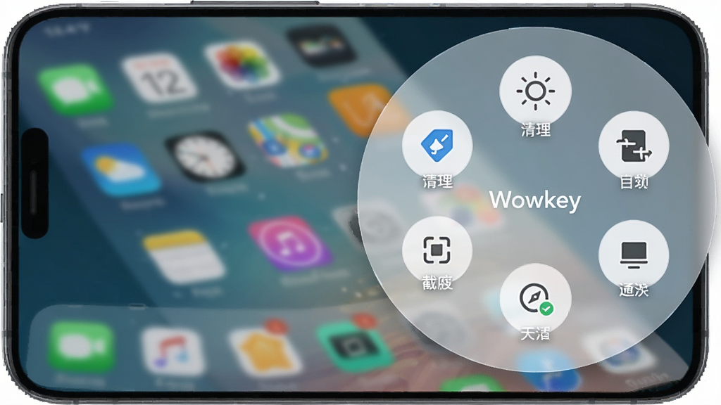 һ��չʾWowkey��ݲ�����幦�ܵ�ʾ��ͼ���������ֻ���Ļ�Ҳ�������һ����͸����Բ����壬����������ż�������ͼ�꣬�������������ȡ�������ͼ�꣬�������ֻ����棬�����Ƽ��У����������ɾ��޶���Ԫ��