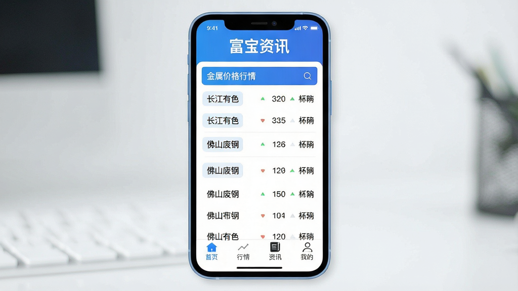 一张展示富宝资讯手机APP主界面的竖屏截图风格图片,主体为手机屏幕,屏幕内显示富宝资讯应用界面,顶部有“富宝资讯”文字Logo,中间是金属价格行情列表,包含“长江有色”、“佛山废钢”等文字标签,底部有首页、行情、资讯、我的四个图标按钮,布局清晰,排版为居中展示手机,风格为现代科技感扁平化设计,细节上手机边框圆润,界面色彩以蓝白为主,画质干净,无多余元素