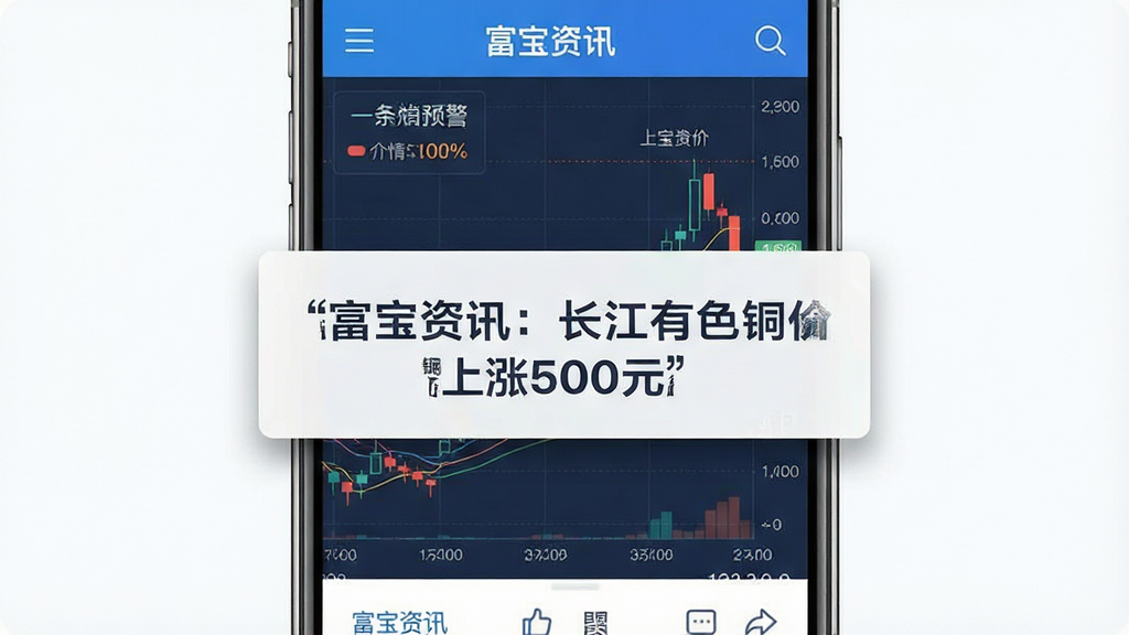 一张展示富宝资讯APP行情推送功能的手机界面图片,主体为手机屏幕,屏幕内显示富宝资讯应用界面,中间突出显示一条价格预警弹窗,弹窗内文字为“富宝资讯:长江有色铜价上涨500元”,背景是行情走势图,布局为手机居中,风格为现代扁平化设计,细节上弹窗带有轻微阴影,界面色彩蓝白为主,画质干净,无多余元素