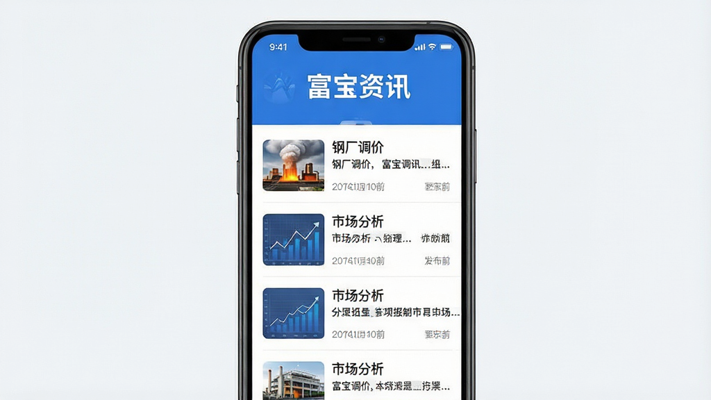 一张展示富宝资讯APP资讯频道的手机界面图片,主体为手机屏幕,屏幕内显示富宝资讯应用界面,屏幕内显示“富宝资讯”文字Logo,中间是资讯列表,包含“钢厂调价”、“市场分析”等文字标题,布局为手机居中,风格为现代扁平化设计,细节上列表带有缩略图和发布时间,界面色彩蓝白为主,画质干净,无多余元素