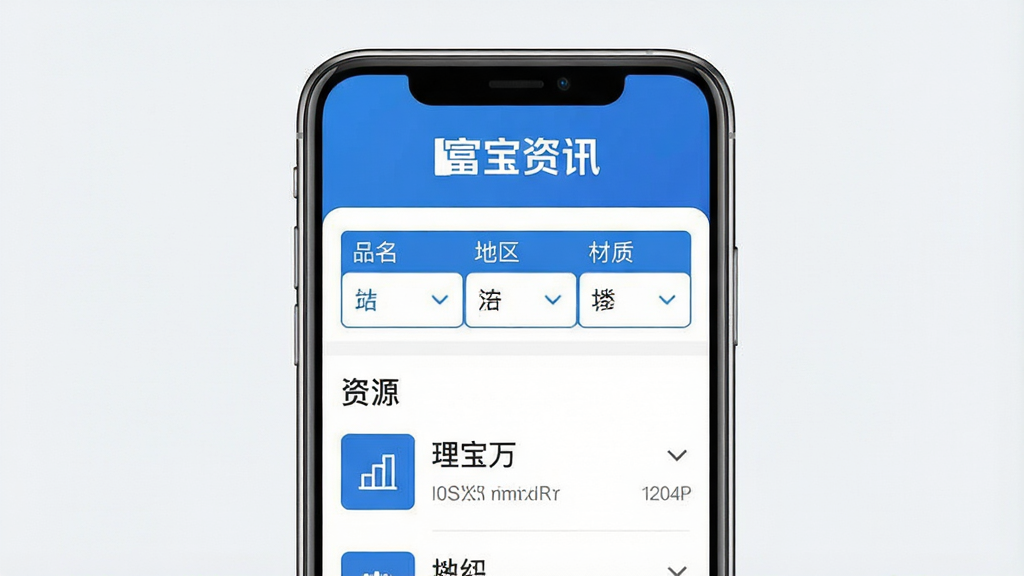 一张展示富宝资讯APP现货搜索功能的手机界面图片,主体为手机屏幕,屏幕内显示富宝资讯应用界面,屏幕内显示“富宝资讯”文字Logo,中间是搜索筛选栏,包含“品名”、“地区”、“材质”等文字标签,下方是资源列表,布局为手机居中,风格为现代扁平化设计,细节上筛选栏有下拉箭头,界面色彩蓝白为主,画质干净,无多余元素