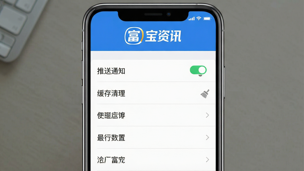 一张展示富宝资讯APP设置界面的手机界面图片,主体为手机屏幕,屏幕内显示富宝资讯应用界面,屏幕内显示“富宝资讯”文字Logo,中间是设置选项列表,包含“推送通知”、“缓存清理”等文字,布局为手机居中,风格为现代扁平化设计,细节上选项排列整齐,界面色彩蓝白为主,画质干净,无多余元素