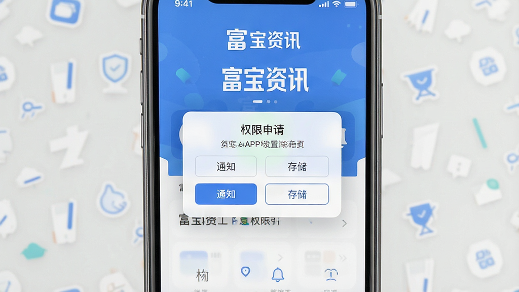 一张展示富宝资讯APP权限设置引导页的手机界面图片,主体为手机屏幕,屏幕内显示富宝资讯应用界面,屏幕内显示“富宝资讯”文字Logo,中间是权限申请弹窗,包含“通知”、“存储”等文字按钮,布局为手机居中,风格为现代扁平化设计,细节上弹窗有半透明遮罩,界面色彩蓝白为主,画质干净,无多余元素