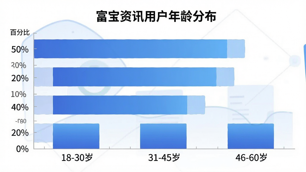 一张展示富宝资讯用户年龄分布的柱状图图片,主体为柱状图,布局为横向或纵向条形,排版为图表居中,风格为现代扁平化数据可视化设计,细节上横轴为年龄段“18-30岁”、“31-45岁”、“46-60岁”,纵轴为百分比,柱体颜色为蓝色渐变,画质干净,无多余元素