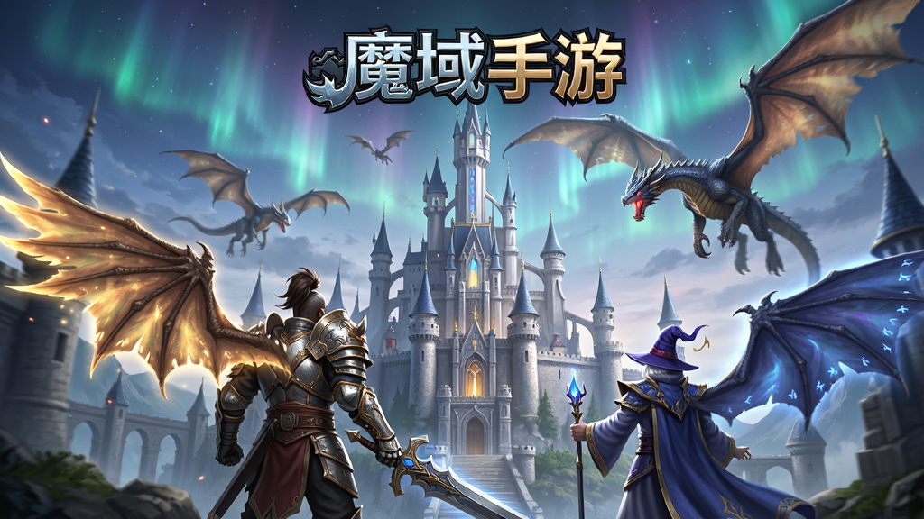 魔域手游 雷鸣大陆全景 主体是宏伟的欧式魔幻城堡和飞翔的巨龙 布局采用广角视野 前景是两位战士和法师背对镜头眺望远方 排版上下分布 上方是游戏Logo和“魔域手游”字样 风格为韩系魔幻写实风 细节包括铠甲纹理、翅膀光效、天空的极光 画质4K 干净 无多余元素