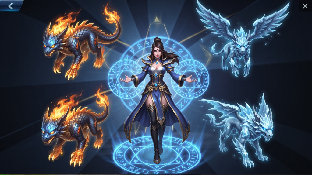 魔域手游 幻兽合体界面 主体是一位女法师角色全身环绕蓝色魔法阵 布局是角色居中 四周漂浮着三只不同形态的幻兽虚影 排版采用放射状构图 风格是华丽魔幻CG风 细节包括幻兽的鳞片、火焰、冰霜特效 画质高清 干净 无多余元素