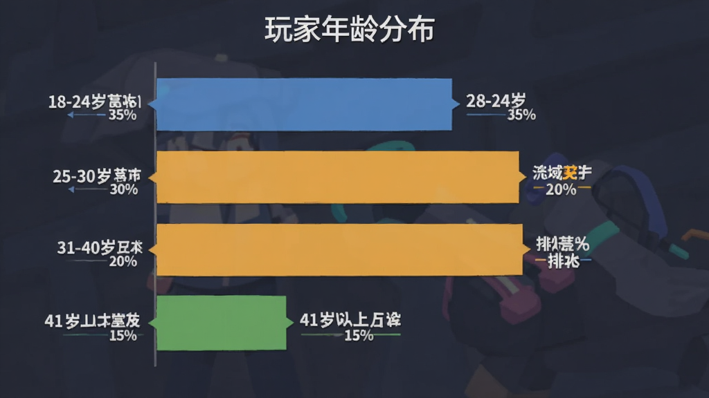 魔域手游 玩家年龄分布柱状图 主体是不同年龄段的玩家百分比数据 布局是横向柱状图 排版清晰 风格是扁平化信息图 细节包括“18-24岁 35%”“25-30岁 30%”“31-40岁 20%”“41岁以上 15%”的文字标注 画质干净 无多余元素